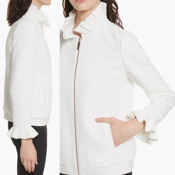 Ted Baker London Lydiah Crepe Ruffle Bomber Jacket Ivory size 2 - Picture 3 of 11